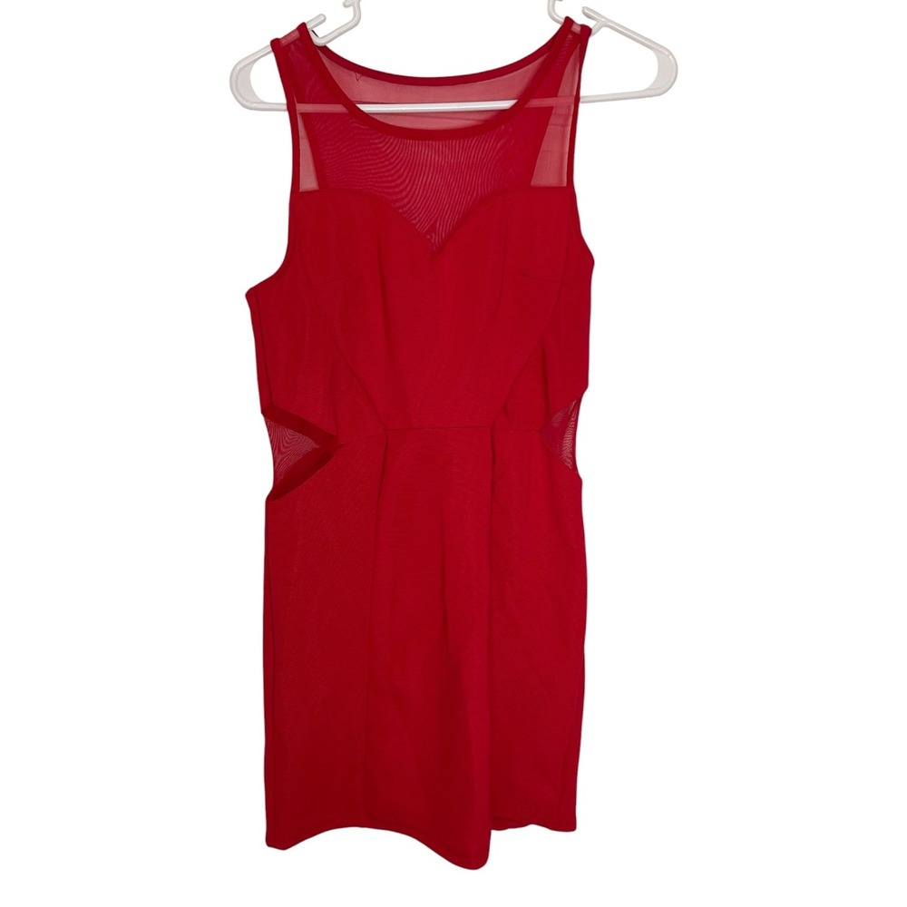 Poof Couture Small Red Mini Dress Mesh Cutout Illusion Neckline Clubwear Edgy